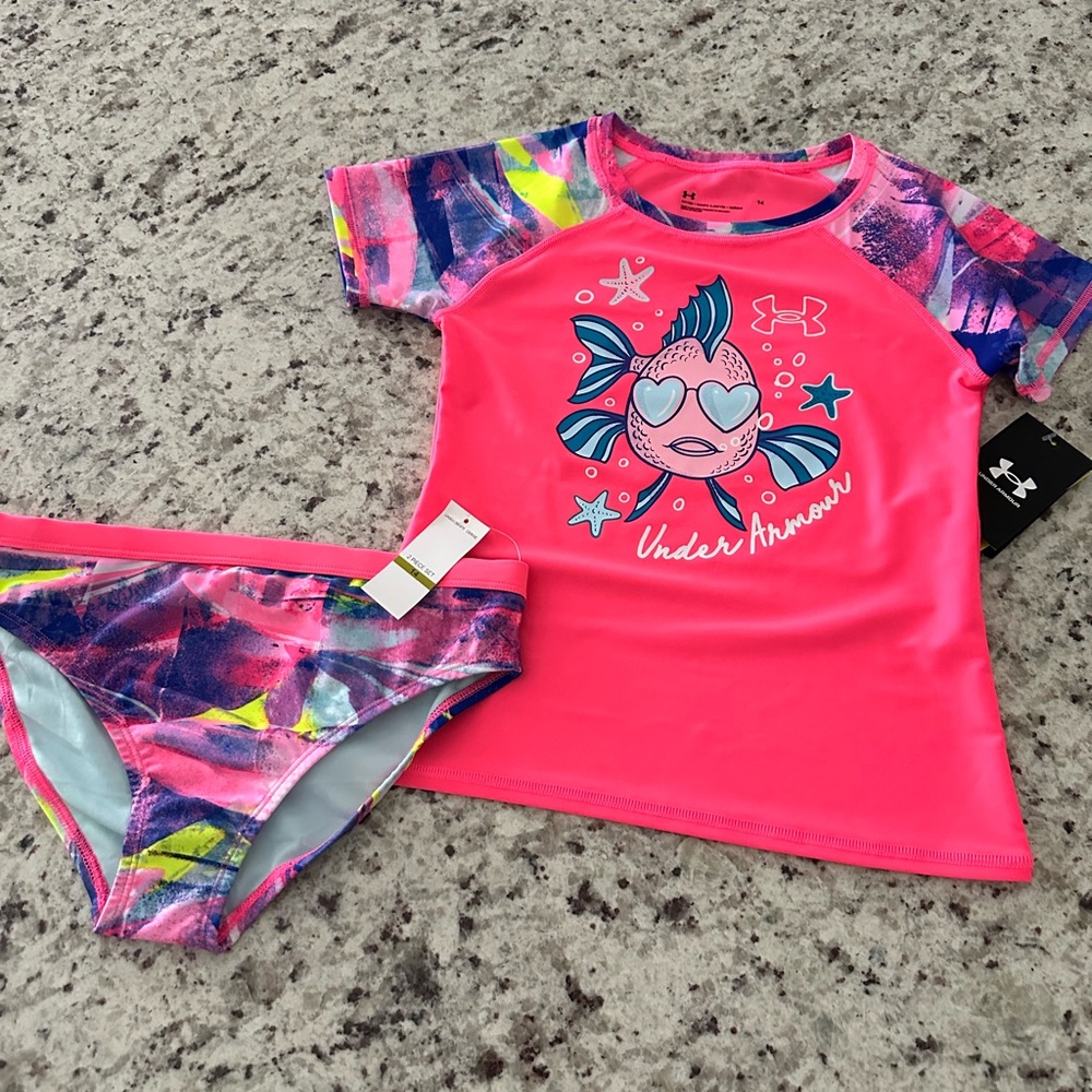 NWT Under Armour Girls’ Vibrant Pink and Blue Swim Rashguard Set, girls size 14
